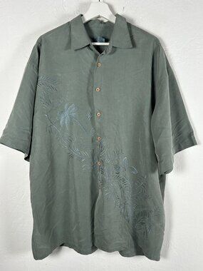 Kaylua Bay Resortwear Men XL Green Embroidered Button-Up Short-Sleeve Camp Shirt